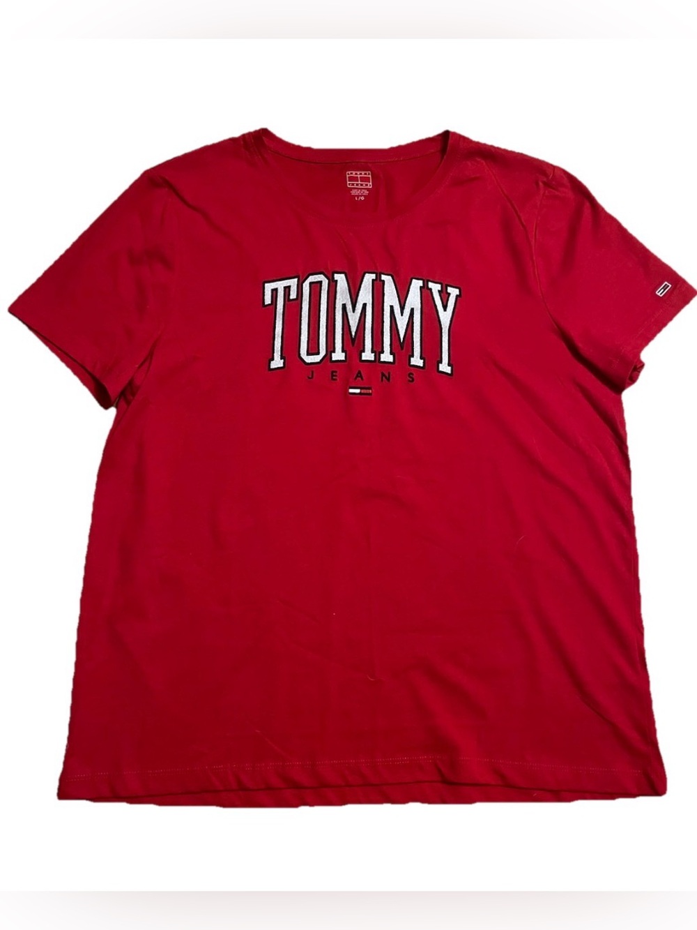 Tommy Hilfiger Women’s Red Crewneck Embroidered Logo Tee - Large